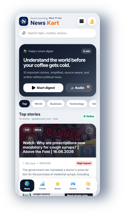 NewsKart home feed showing the daily smart digest and top stories
